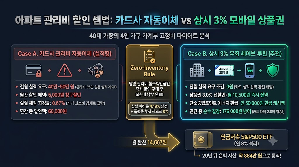 아파트 관리비 할인 신용카드 피킹률 대비 상시 3% 세이브 루틴 비교 인포그래픽