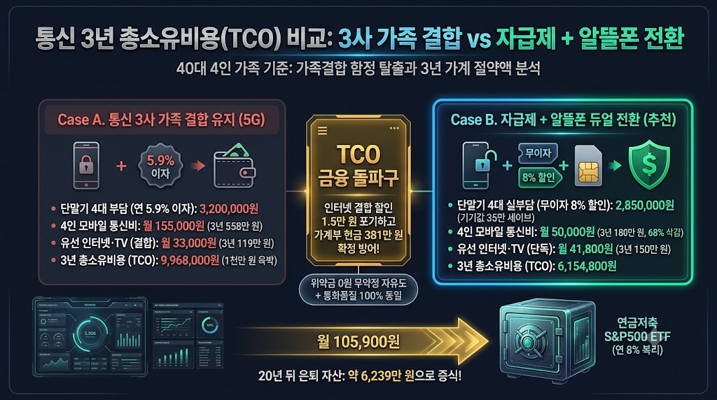 4인 가구 자급제 알뜰폰 전환 3년 TCO 380만 원 절감 비교 인포그래픽